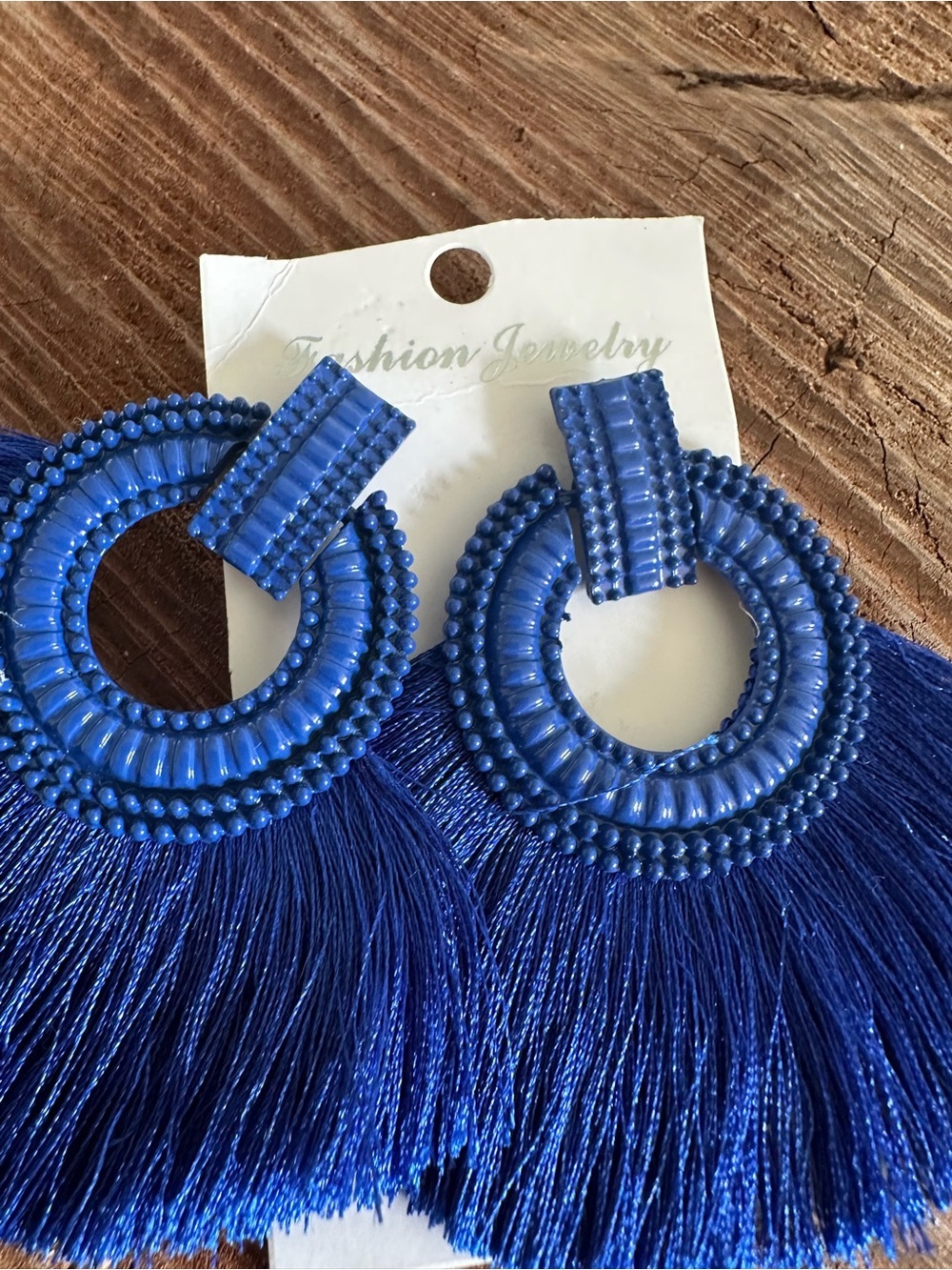 Fashion Jewelry Royal Blue Beaded Tassel Hoop Earrings